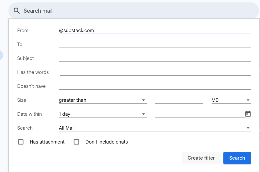 Gmail Create Filter Dialog